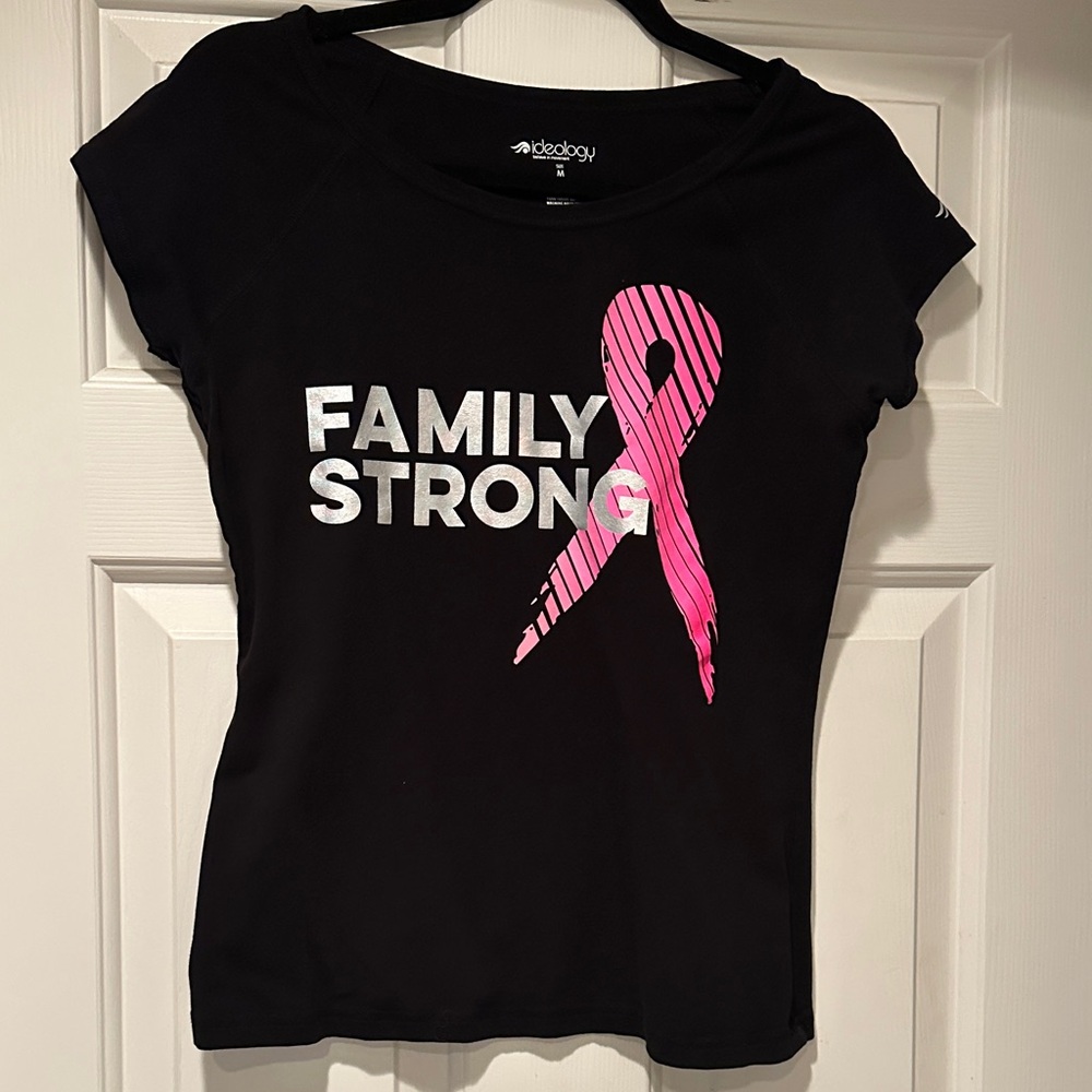 Ideology medium Black Tee with Pink Ribbon and Family Strong Design. Like new